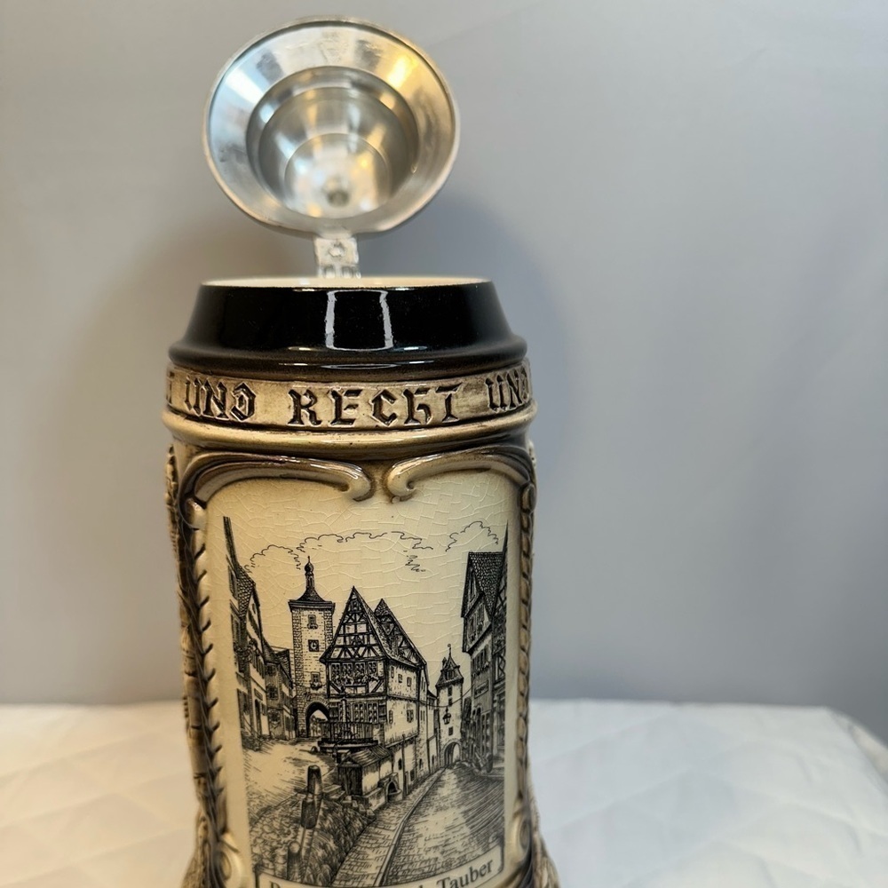Rothenburg German Beer Stein Rustic Natural With Silver Tone Pewter Cup Vintage - Picture 10 of 15